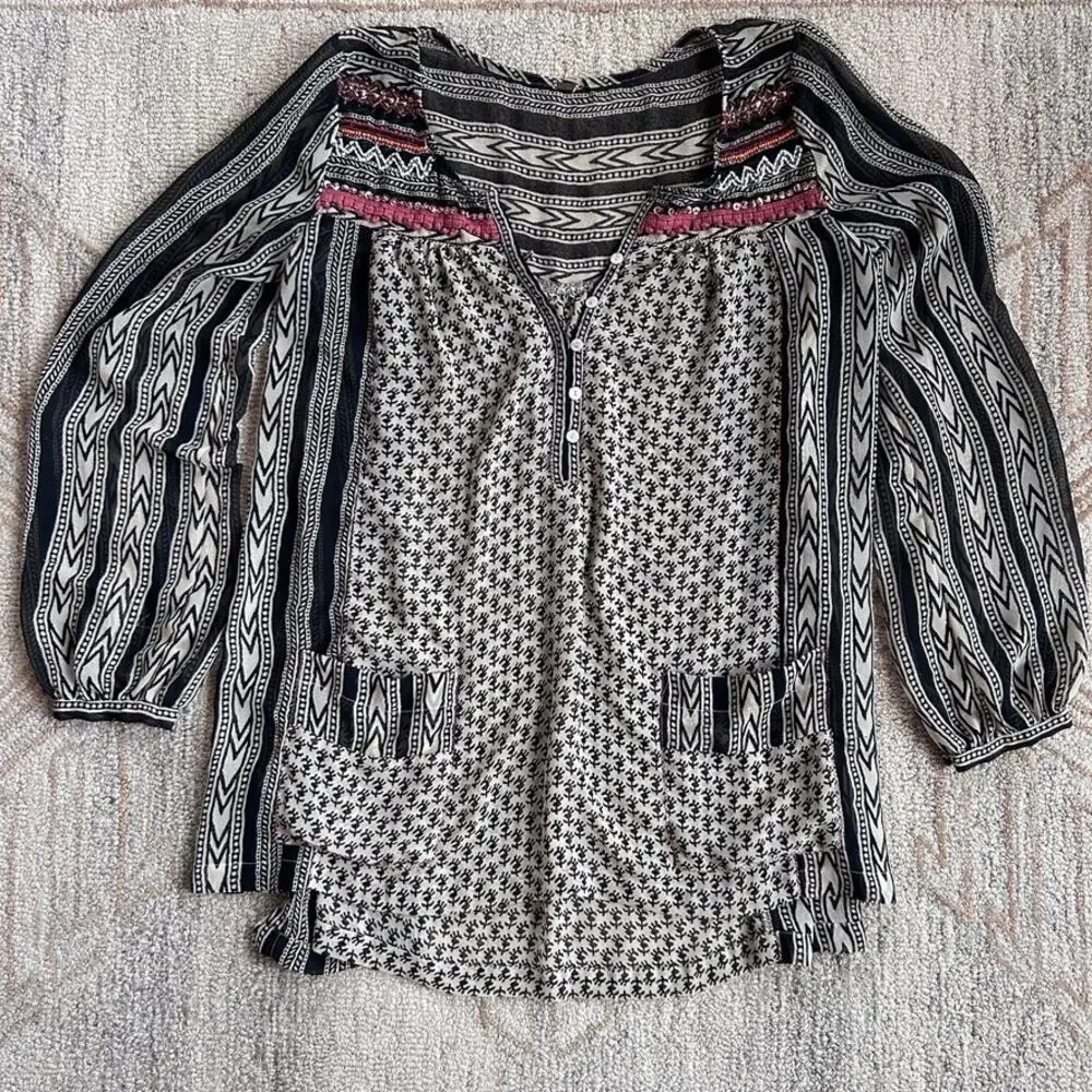 Free People Embroidered Semi-Sheer Top Folk Boho Oversized Tunic Women S M